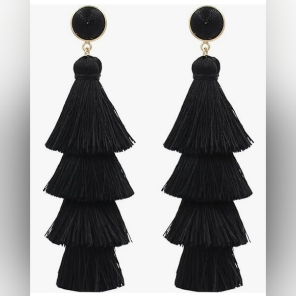 Silky Fringe Tassel Long Drop Dangling Statement Earrings Black Gold 4-Tier NIP - Picture 1 of 16